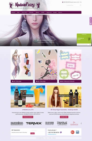 Screenshot of the Madam Fairy Shop website, showing a fairy-themed header, a search function, and banners for beauty product categories. Featured are images of cosmetics, haircare items, and brand logos.