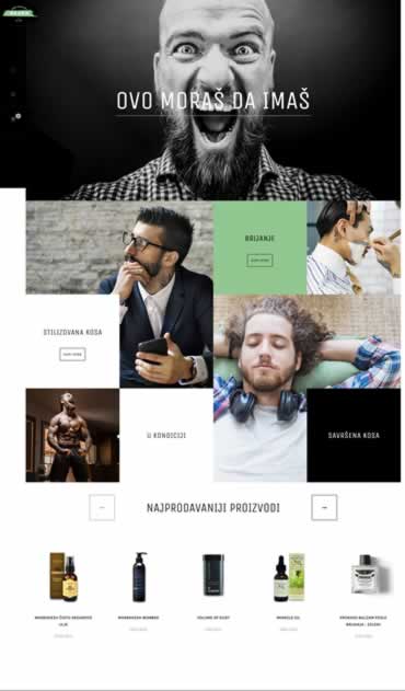 Screenshot of the Brada Shop's homepage with a headline saying 'THIS YOU MUST HAVE'. The page features a clean design with categories for shaving, beard styling, disheveled looks, and perfect skin, illustrated with images of men with different grooming styles. Below, the 'BESTSELLING PRODUCTS!' section displays personal care items.