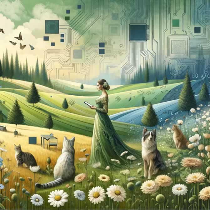 In a serene landscape, the background melds light green and earthy tones with subtle shades of blue, representing the union of nature and technology